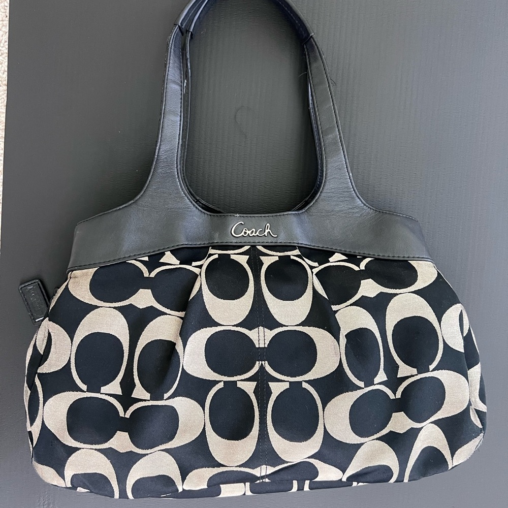 Coach Black and Cream Shoulder Bag with Signature Pattern